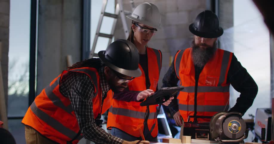 Three construction supervisors wearing orange safety vests and hard hats gather around a surface with blueprints and tools and discuss the building plans as other workers move behind them and sparks fly from the welder in the background.