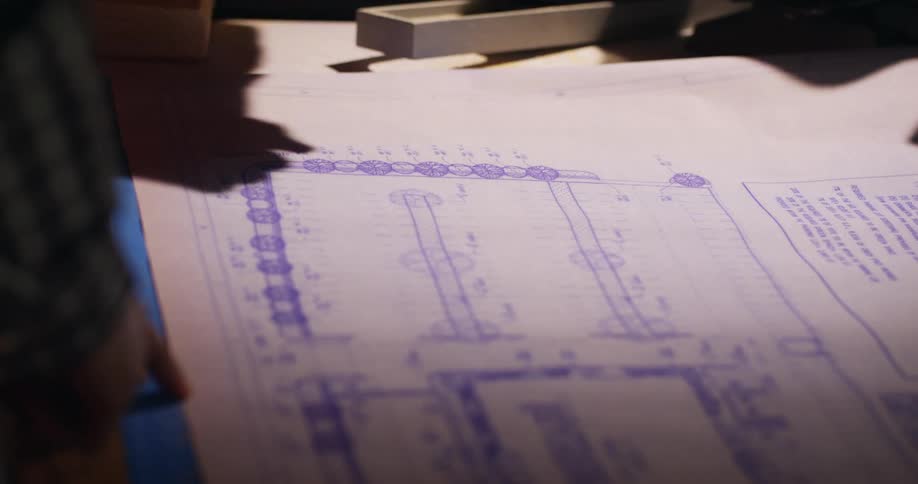 Engineer's hands unrolling and interacting with blueprints on a table.