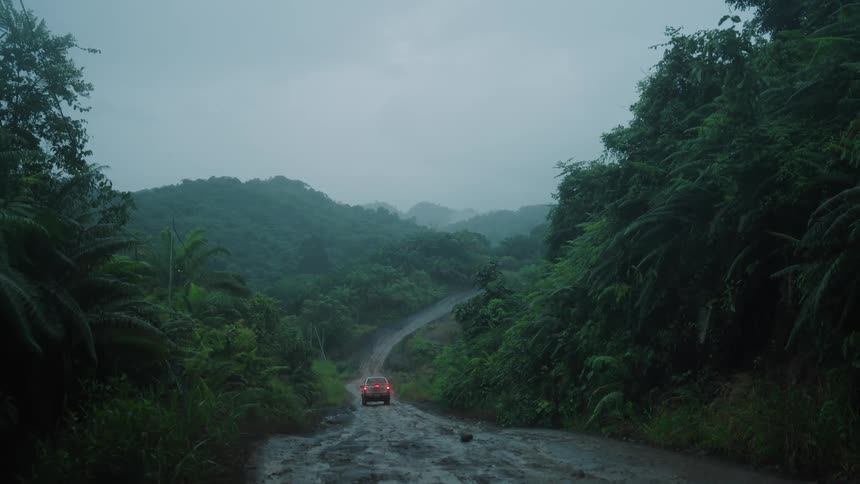 Vehicle traveling on a dirt road surrounded by mountains with forest
