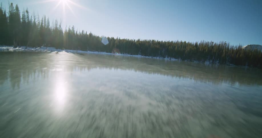 Scene of a frozen lake surrounded by coniferous forest