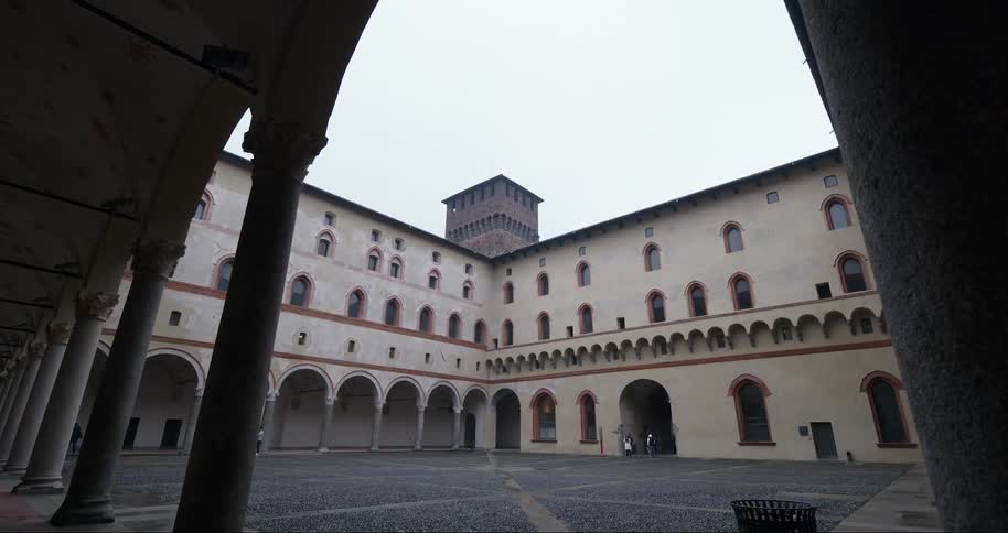 The courtyard at castello sforzesco with arched walkways and cobblestone floor is enclosed by a multistory building with a central tower under a cloudy sky