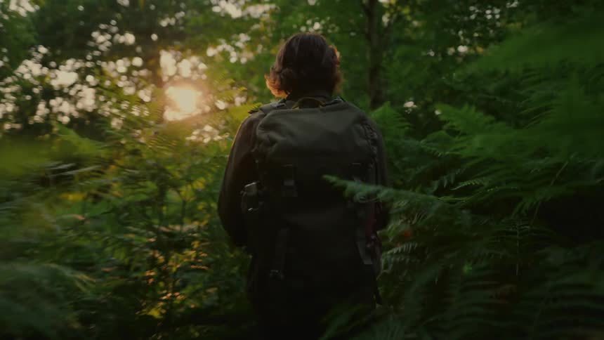 Person with a backpack walking through a forest