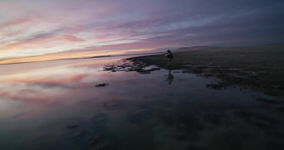 Person dancing along a rocky shore with the colorful sky at dusk