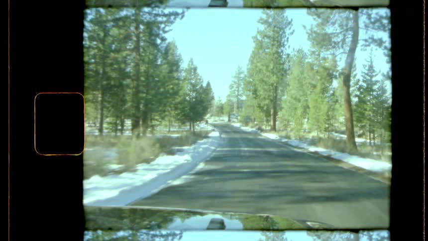 Snow covered road surrounded by trees seen from inside a vehicle