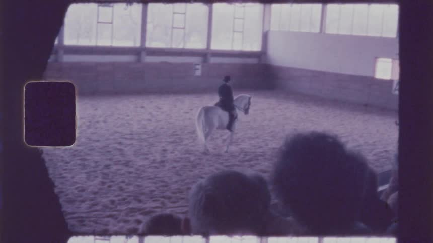 A person rides a horse inside an indoor arena with a sandy floor while spectators watch from the side