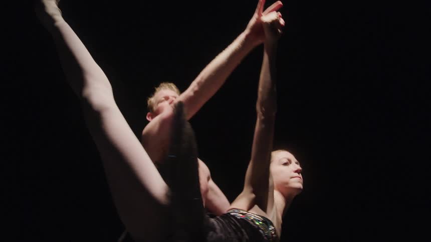Two principal ballet dancers are performing as a couple under the spotlight on a theater stage