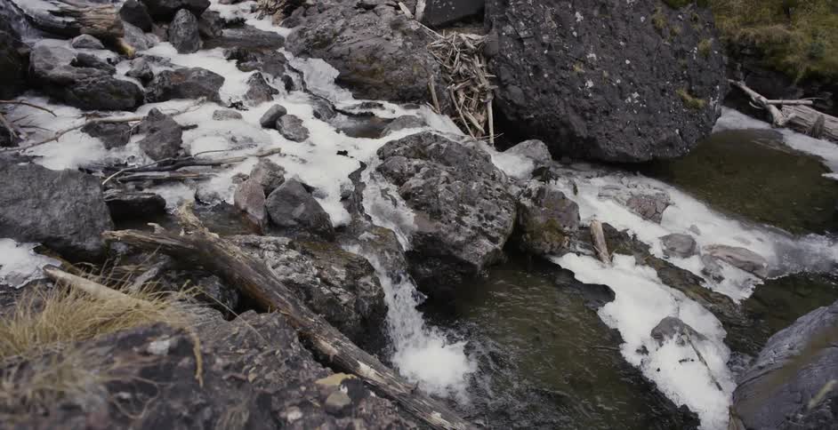 River water rushing through snow and rocks