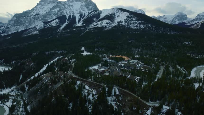 An aerial view of a resort in a mountainous area