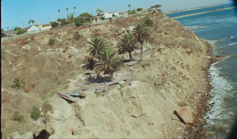 Aerial panorama of a rocky crust with tropical palm trees by the sea