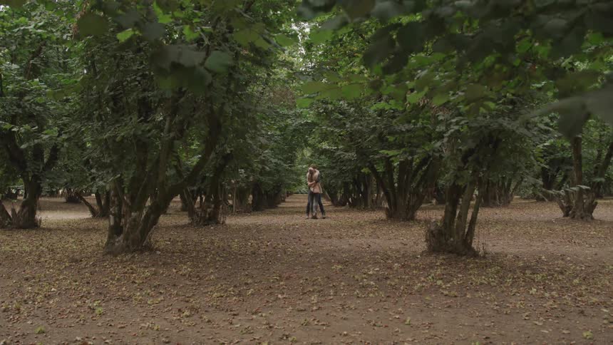 A couple run and embraces on a forest path surrounded by dense trees and lush foliage
