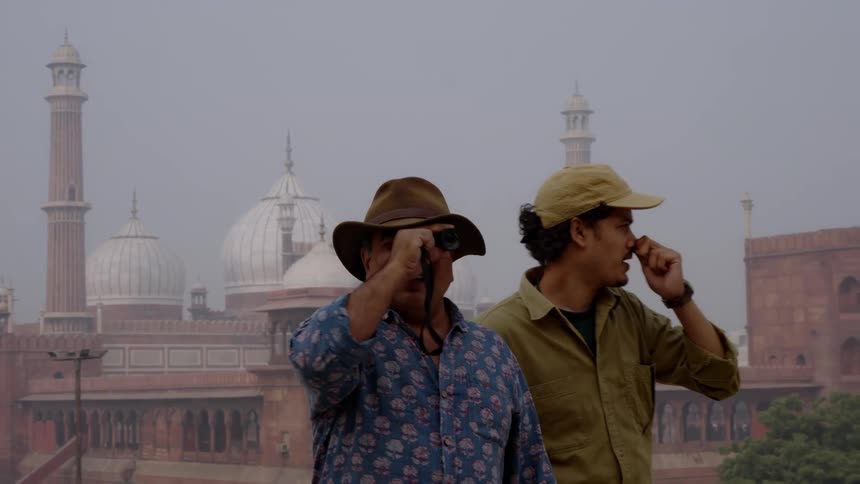 A film crew scouts a location near the jama masjid in delhi for filming
