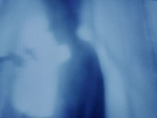 The silhouette of a woman holding a bouquet of flowers is seen through a translucent curtain illuminated by soft blue light