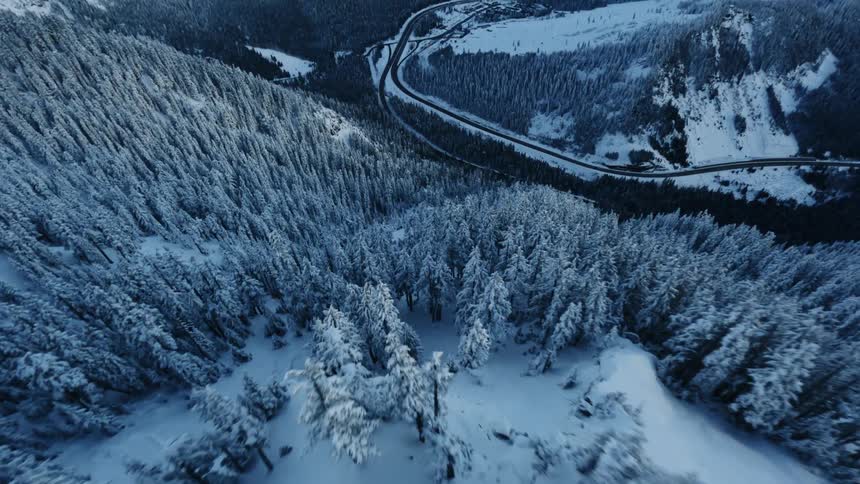 A winding road snakes through a heavily forested mountain valley blanketed in winter snow