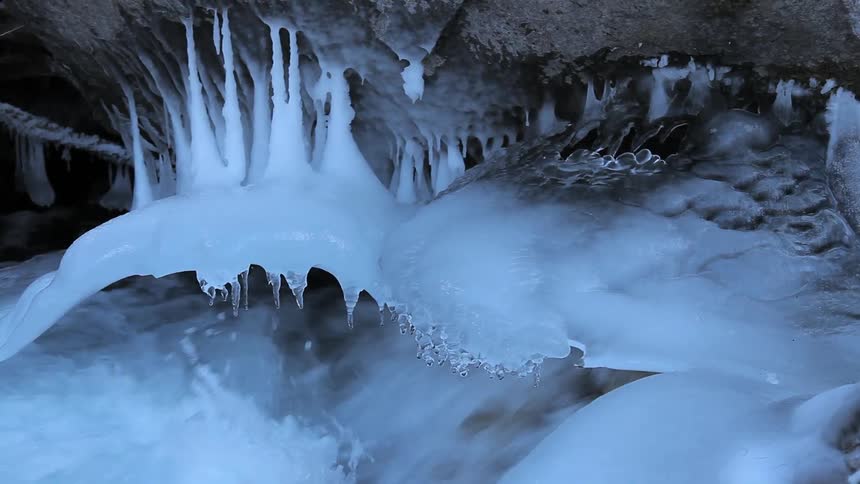 Water rushing through ice and rocks