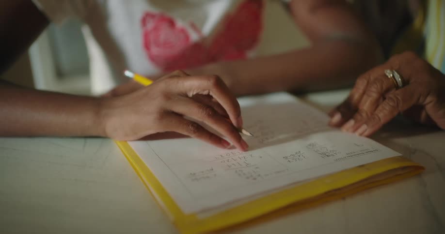 Close up of the hands of an adult helping a child with homework