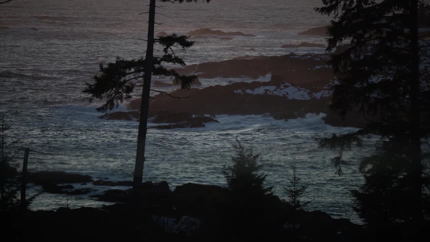From a hilltop vantage waves crash along a rugged shoreline beneath a vibrant sunset silhouetted evergreens stand tall in the foreground and patches of snow glimmer near the waters edge reflecting soft twilight hues