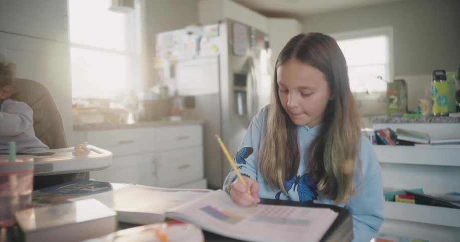A girl is doing homework