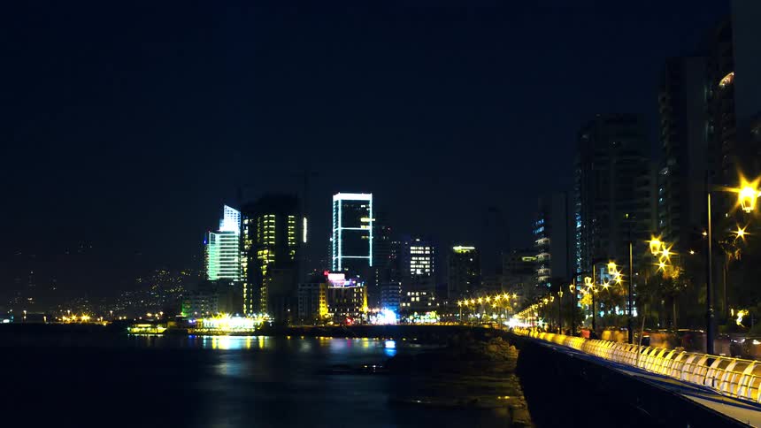 In a spedup timelapse a vibrant city skyline with illuminated highrises shimmers across the waters surface while cars streak along the waterfront road and people hurry by in blurred motion under the warm glow of streetlights