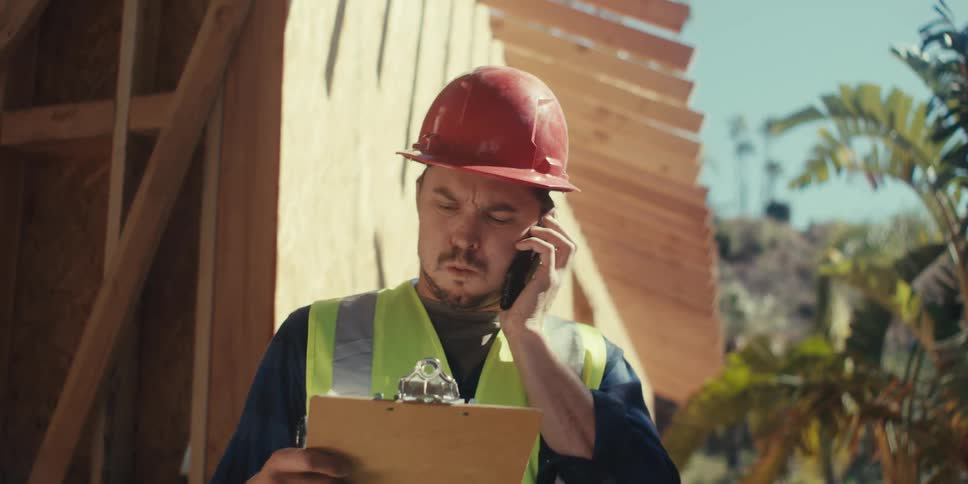 Contractor on a job site holding a clipboard talking on phone