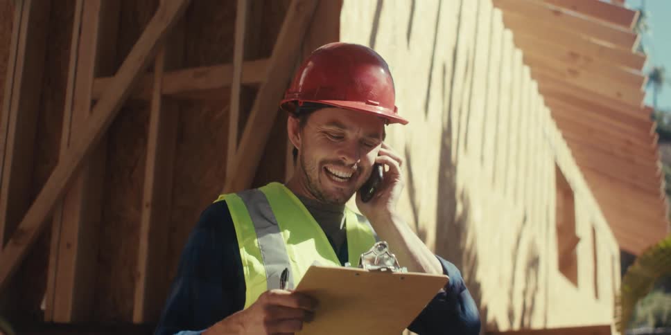 Contractor on a job site holding a clip board talking on a cell phone