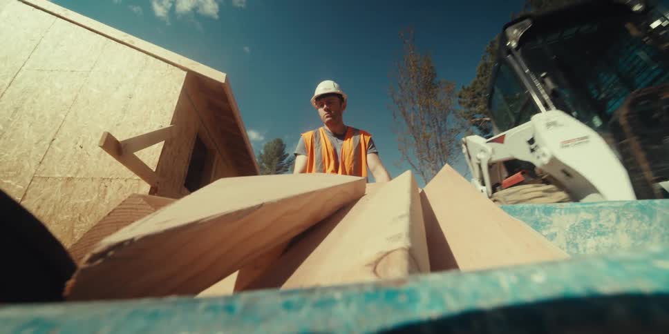 A construction worker in a hard hat and safety vest stands amidst a pile of lumber in a bobcat loader on a sunny day