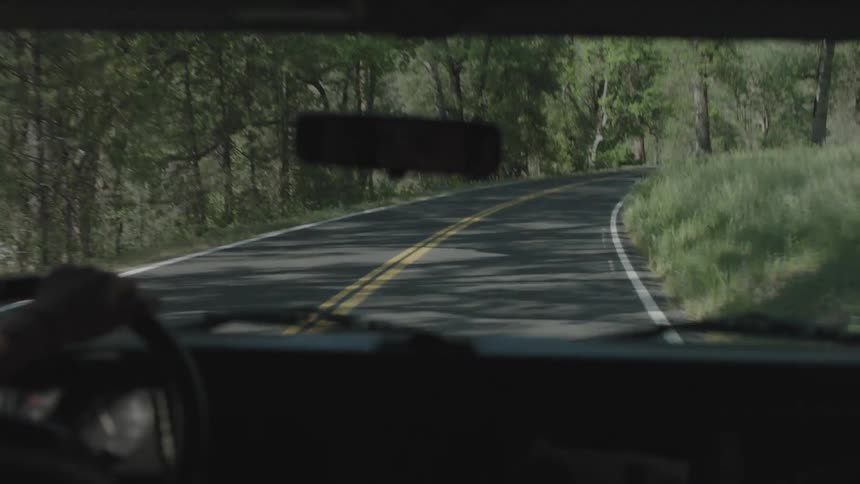 Man drives the car on a forest road