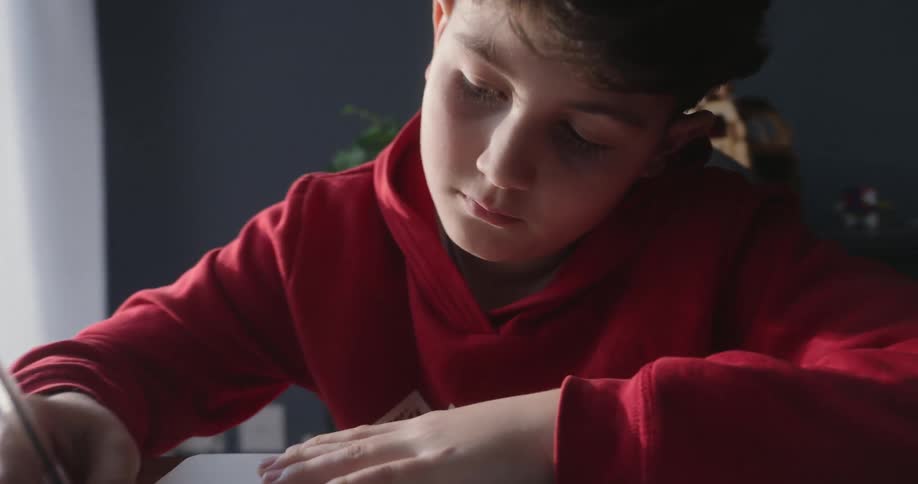 A boy is using a pen to write in a book