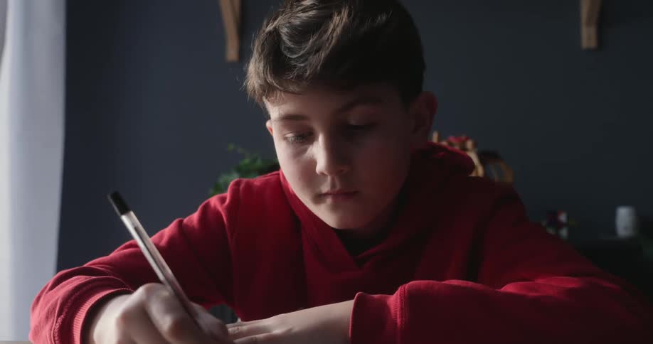 A young boy in a red hoodie focused on writing with a pen on a notebook sitting at a wooden table in a dimly lit room with a dark background and some greenery