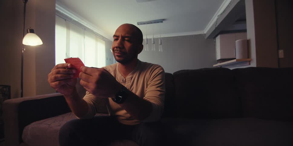 Man sitting on living room couch holding small object