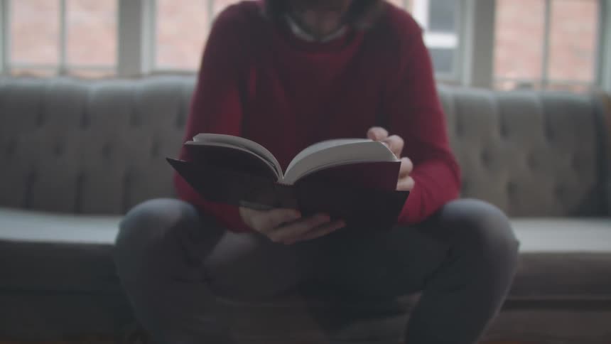 A man is reading a book on the couch