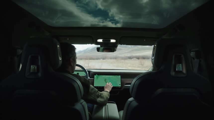 A man is looking at the map on his touch screen