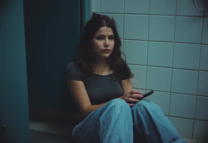 A young woman sits despondently in a bathroom holding a phone