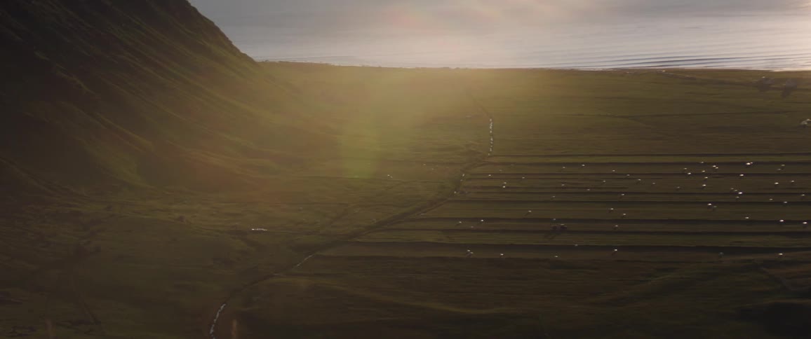 Landscape on fields plowed by a tractor with sea in the background wind moving plants in the foreground