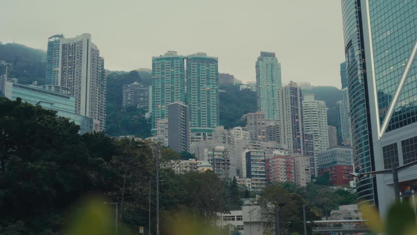 A cityscape view of hong kong shows densely packed buildings including tall skyscrapers nestled among green foliage under an overcast sky