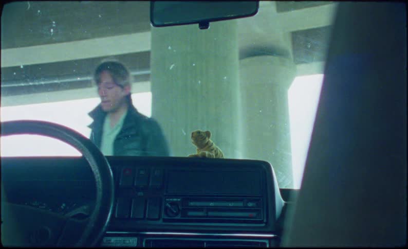The interior of a car is visible with a steering wheel dashboard and a toy tiger placed on the dashboard while a person walks outside