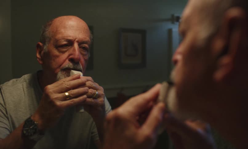 Old man adjusting his beard in the mirror
