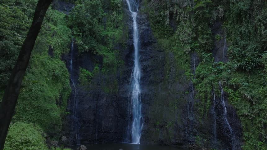 A tall slender waterfall cascades down a dark rocky cliff face covered in lush green vegetation