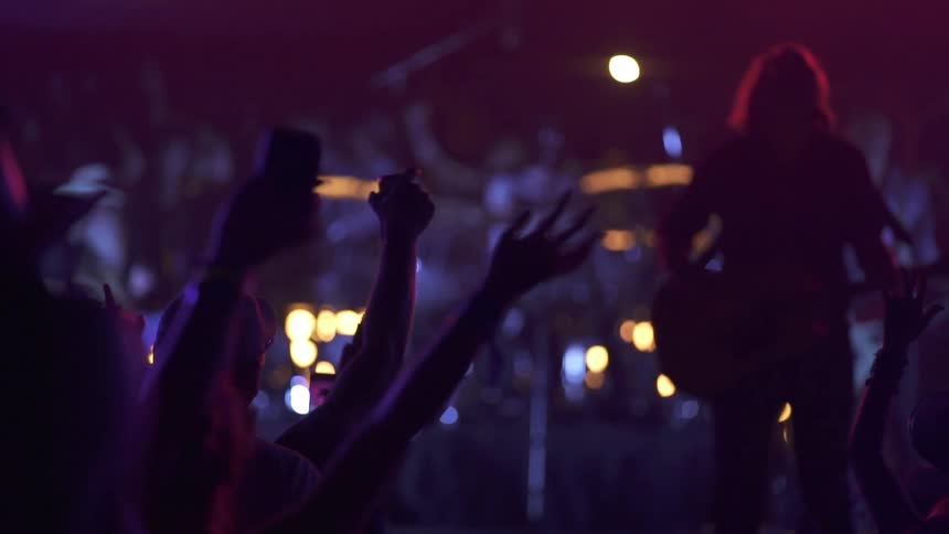 Crowd raises hands while watching a concert with soft lighting and stage figures in the background