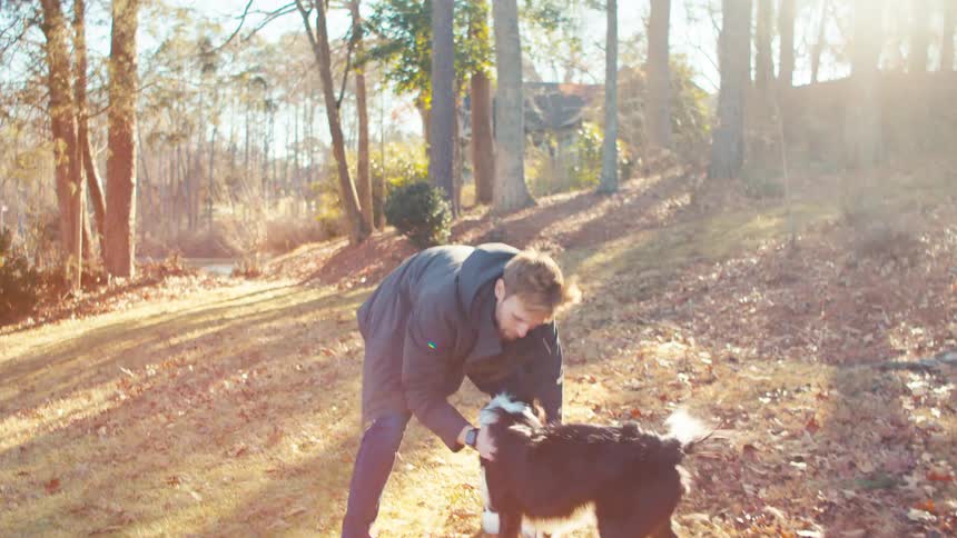 Man and his dog playing fetch in the woods on a fall sunny day
