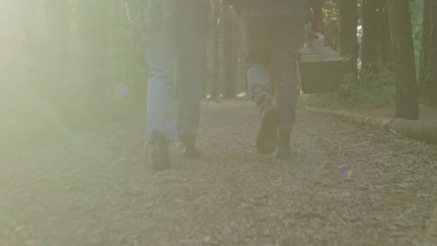 Two people with a cooler walk along a path through the woods on a sunny day