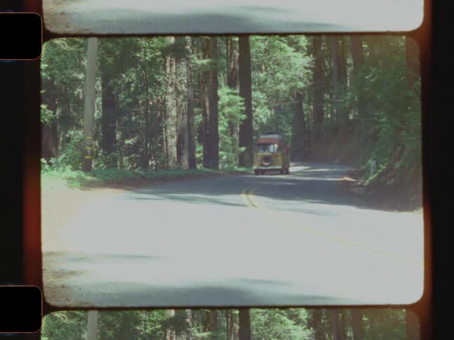 An old yellow van drives along a forest road on a bright sunny day