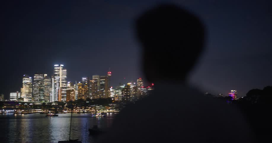 Landscape on a city of illuminated skyscrapers in the foreground a person from behind blurred