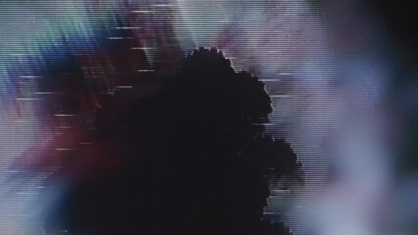 A staticky screen showing a silhouetted tree in front of misty clouds