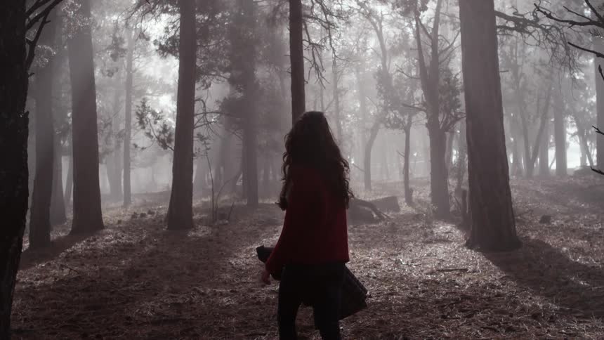 A woman is looking around as she wonders in the woods