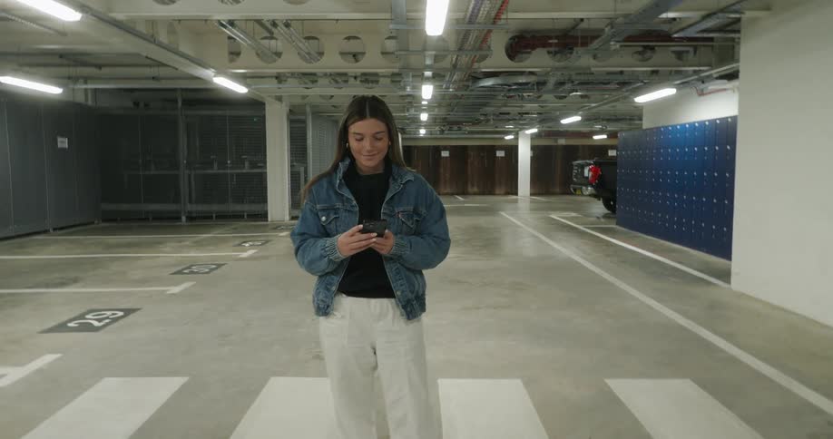 A lowangle view depicts a woman standing and using a smartphone the full shot within an underground parking structure