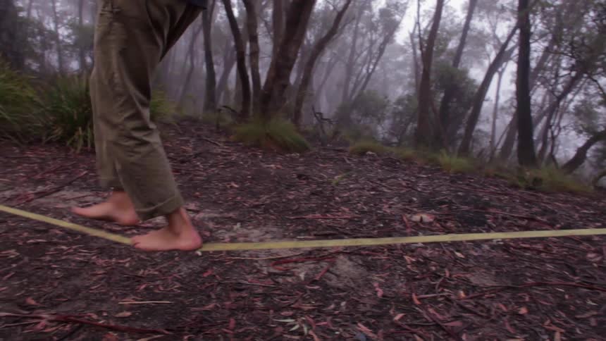 A man balances on a tightrope in the woods