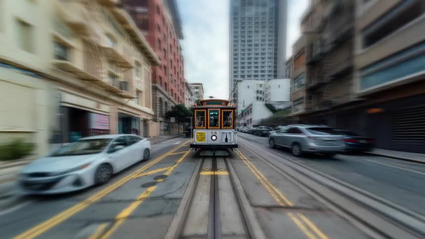 Different frames of a streetcar in the middle of a busy city
