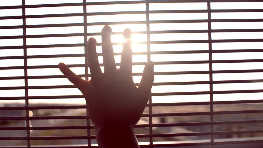 A hand rests on a metal fence