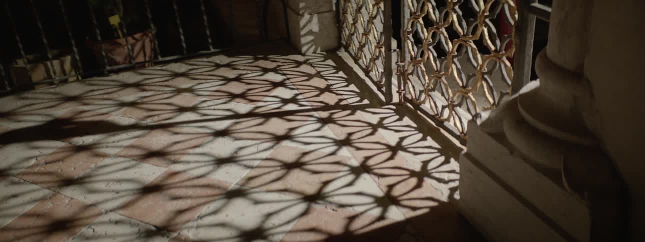 The light briefly shines in through a fence lighting the room