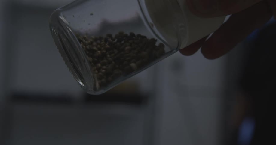 A person is turning a jar full of beans